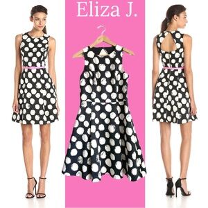 ELIZA J Black White Polka Dot Aline Babydoll Dress Sleeveless Triangle Back Belt